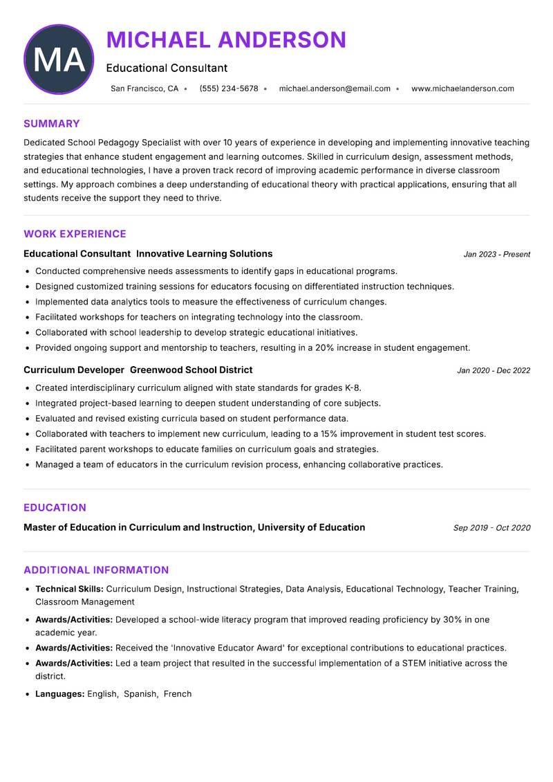 School Pedagogy Specialist resume example — ATS-friendly template