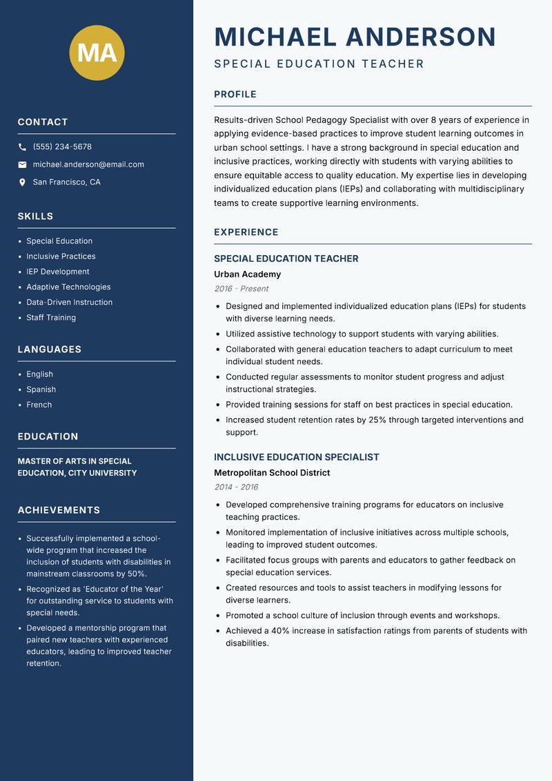 School Pedagogy Specialist resume template — Classic Clean