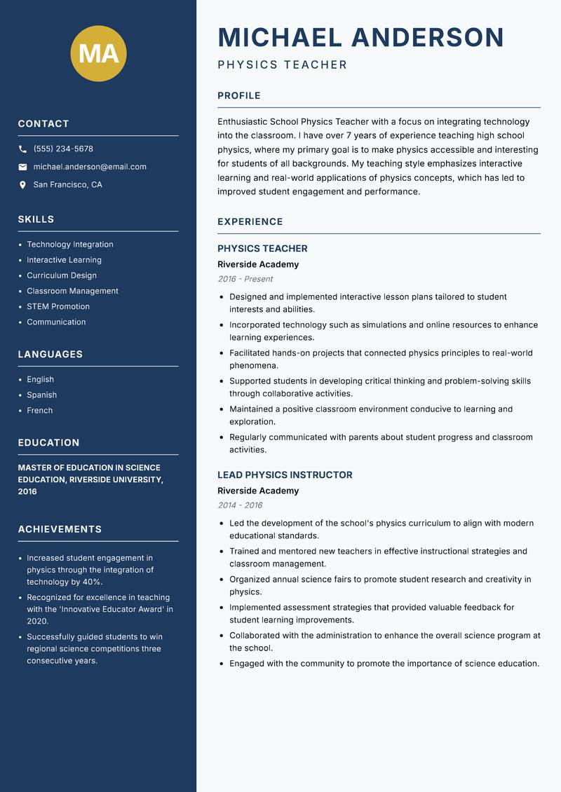School Physics Teacher resume template — Classic Clean
