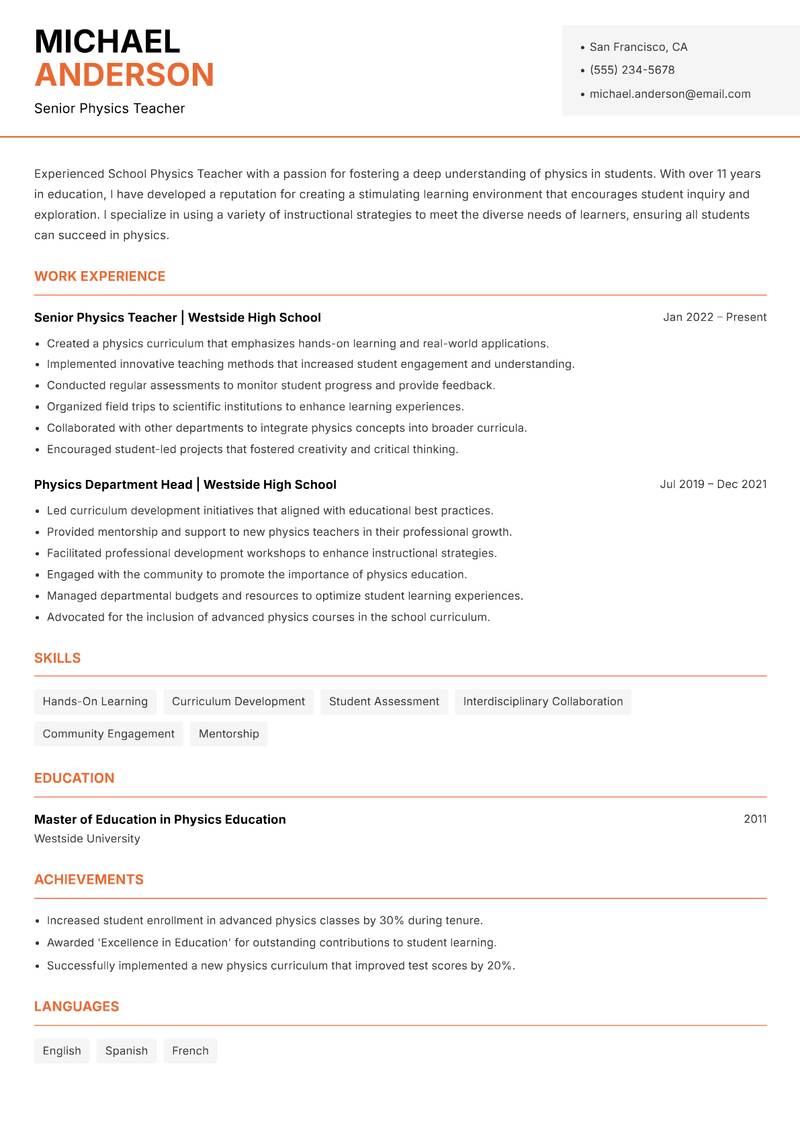 School Physics Teacher resume template — Modern Professional