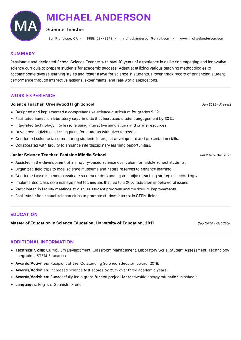 School Science Teacher resume example — ATS-friendly template
