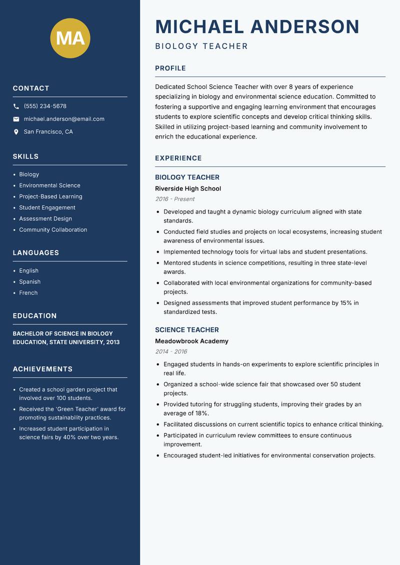 School Science Teacher resume template — Classic Clean