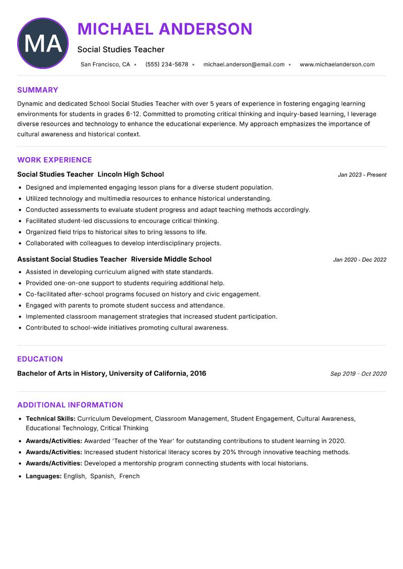 School Social Studies Teacher resume example — ATS-friendly template