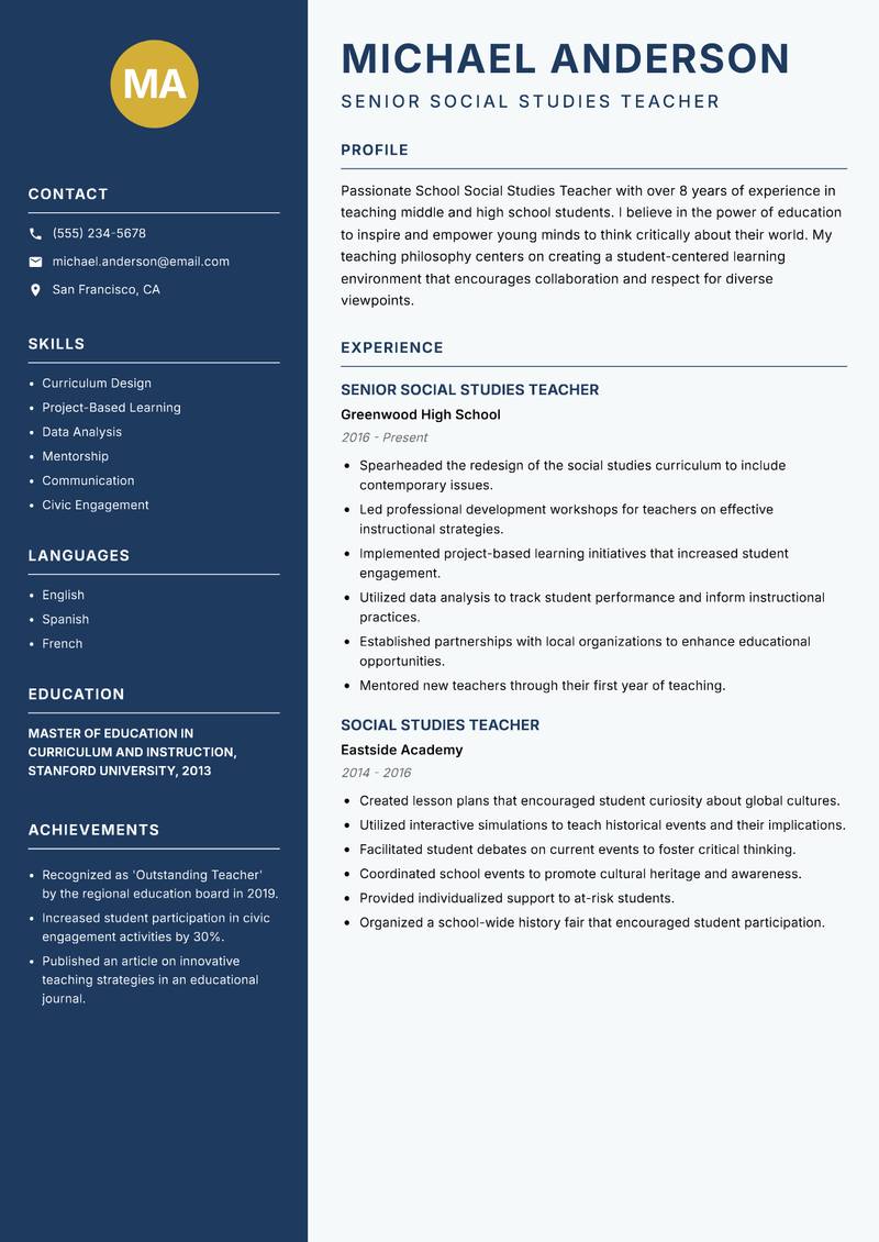 School Social Studies Teacher resume template — Classic Clean