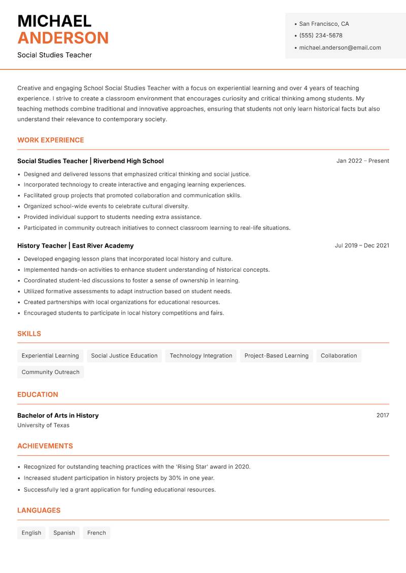 School Social Studies Teacher resume template — Modern Professional