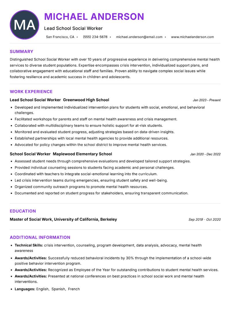 School Social Worker resume example — ATS-friendly template