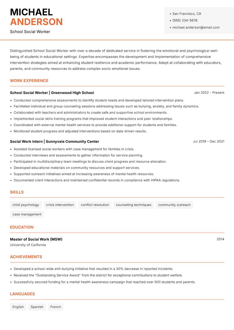 School Social Worker resume template — Modern Professional