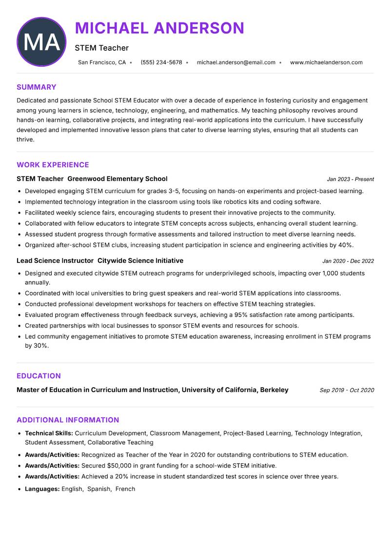 School STEM Educator resume example — ATS-friendly template