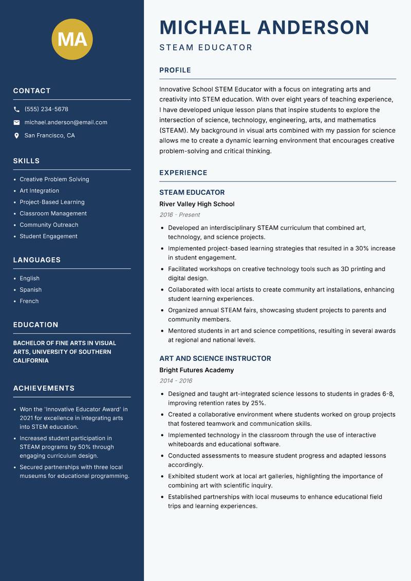 School STEM Educator resume template — Classic Clean