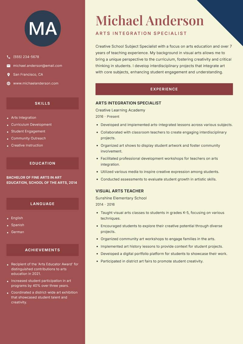 School Subject Specialist resume template — Two Column