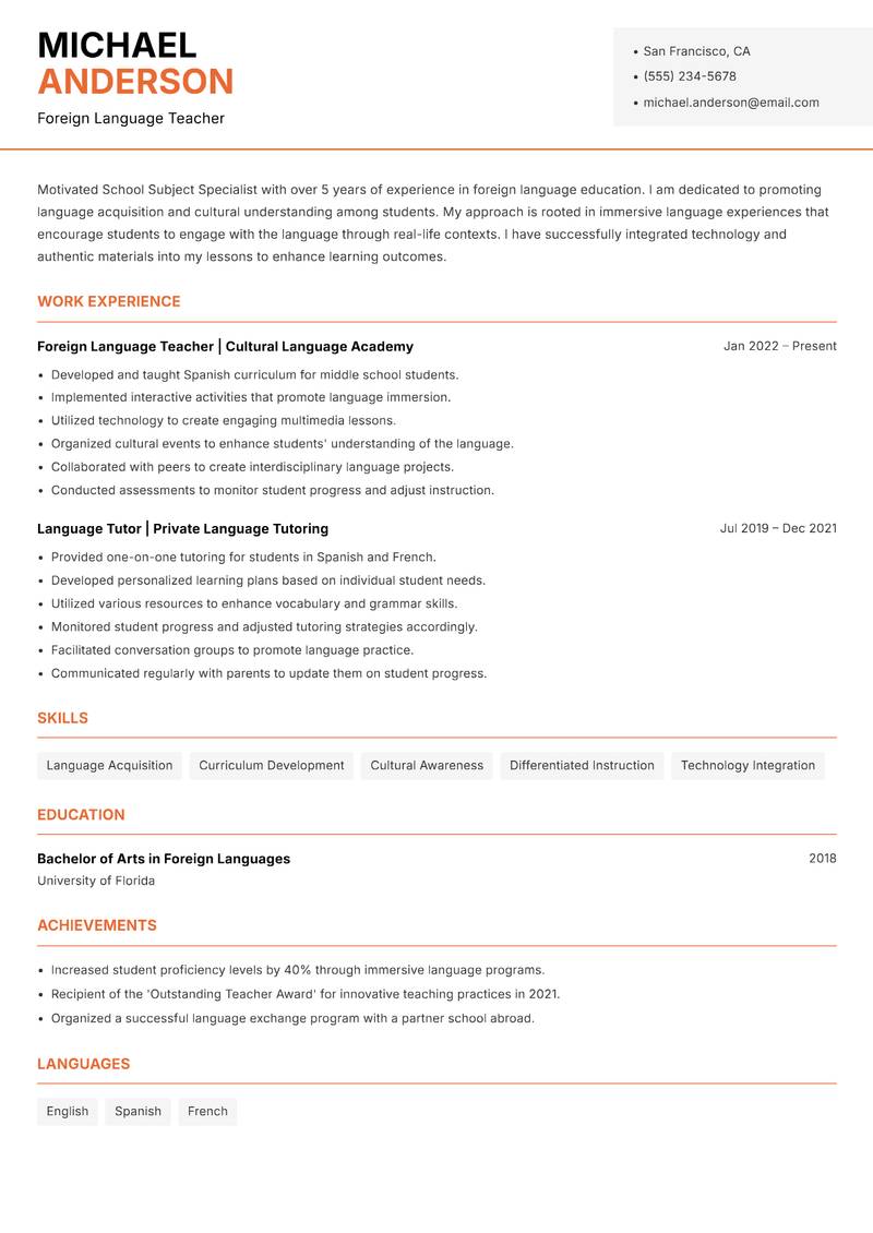 School Subject Specialist resume template — Modern Professional