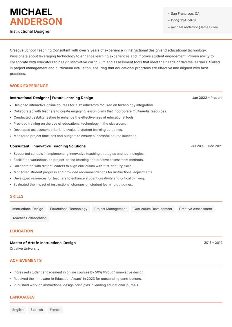 School Teaching Consultant resume template — Modern Professional