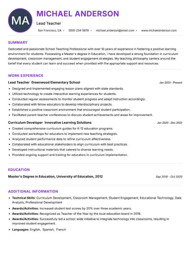 School Teaching Professional resume example — ATS-friendly template