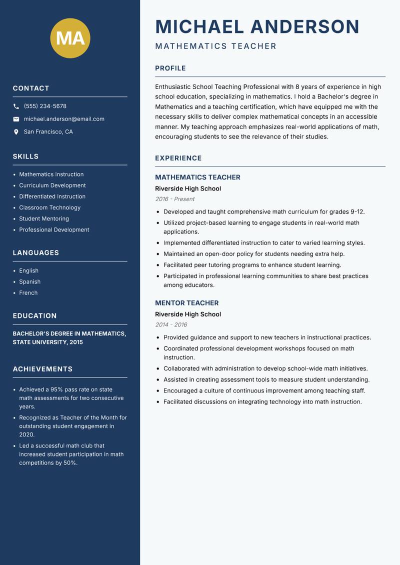 School Teaching Professional resume template — Classic Clean