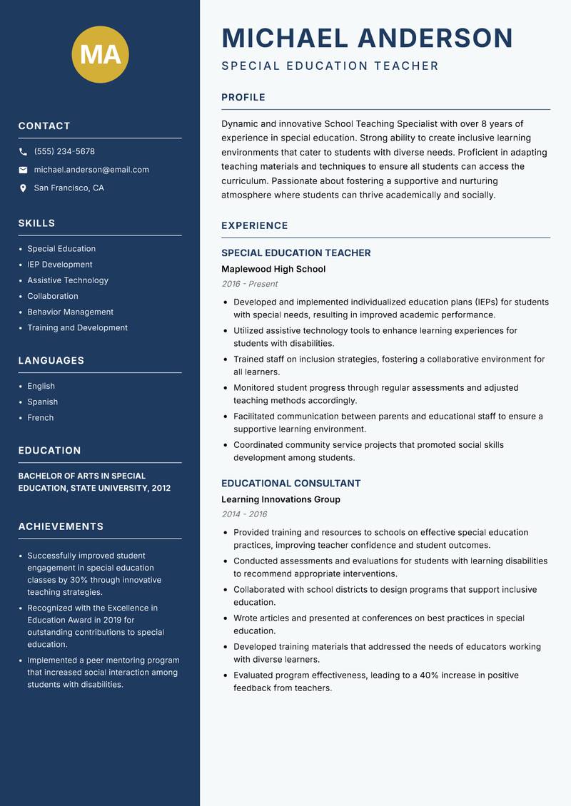 School Teaching Specialist resume template — Classic Clean
