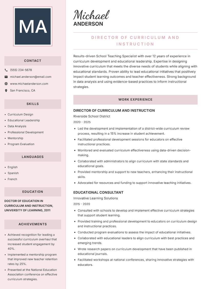 School Teaching Specialist resume template — Executive