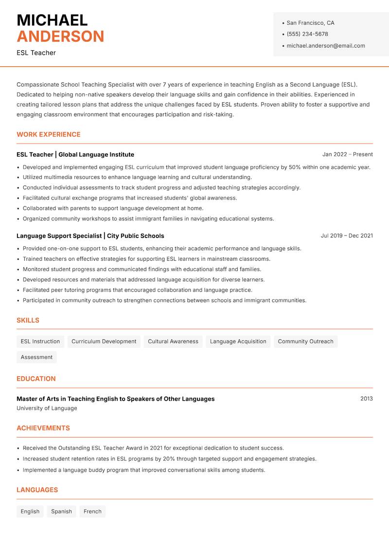 School Teaching Specialist resume template — Modern Professional