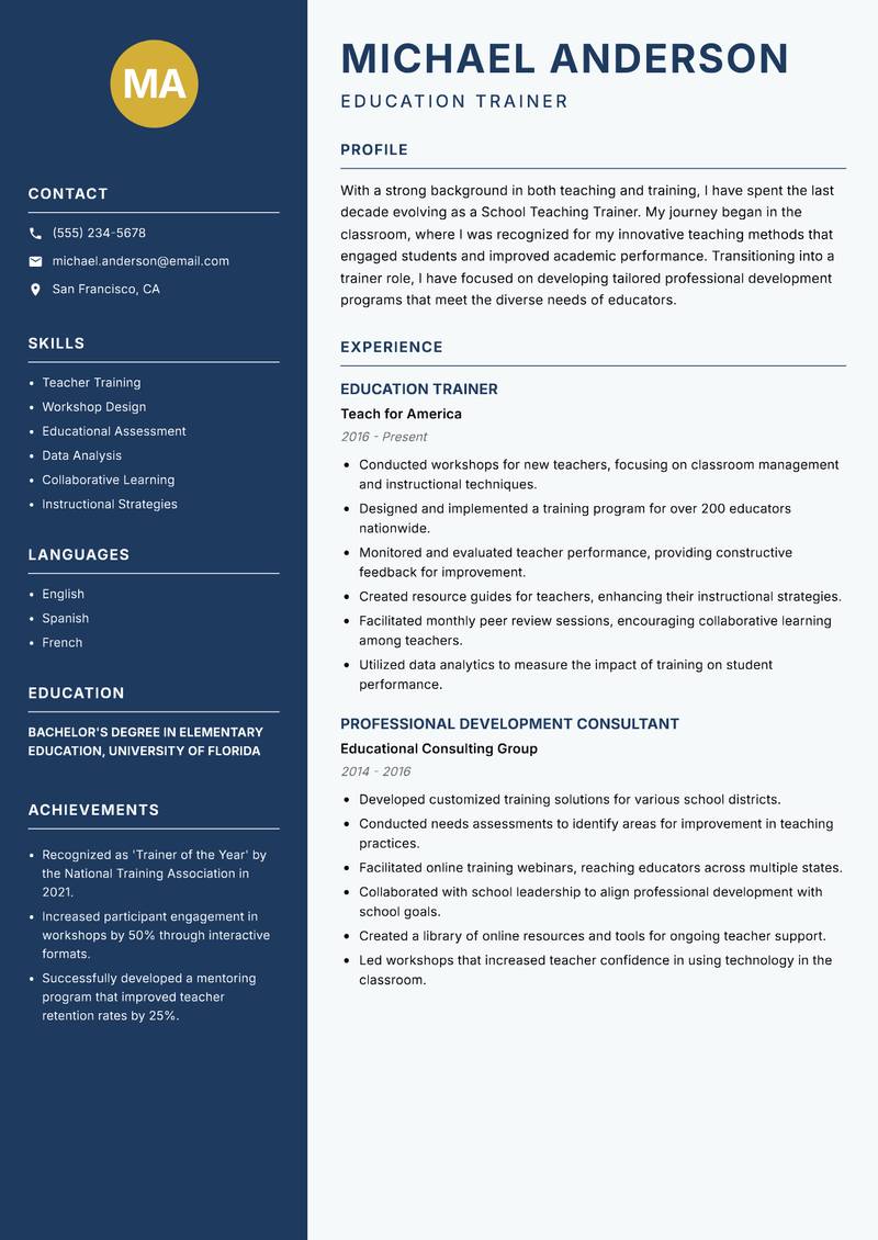 School Teaching Trainer resume template — Classic Clean