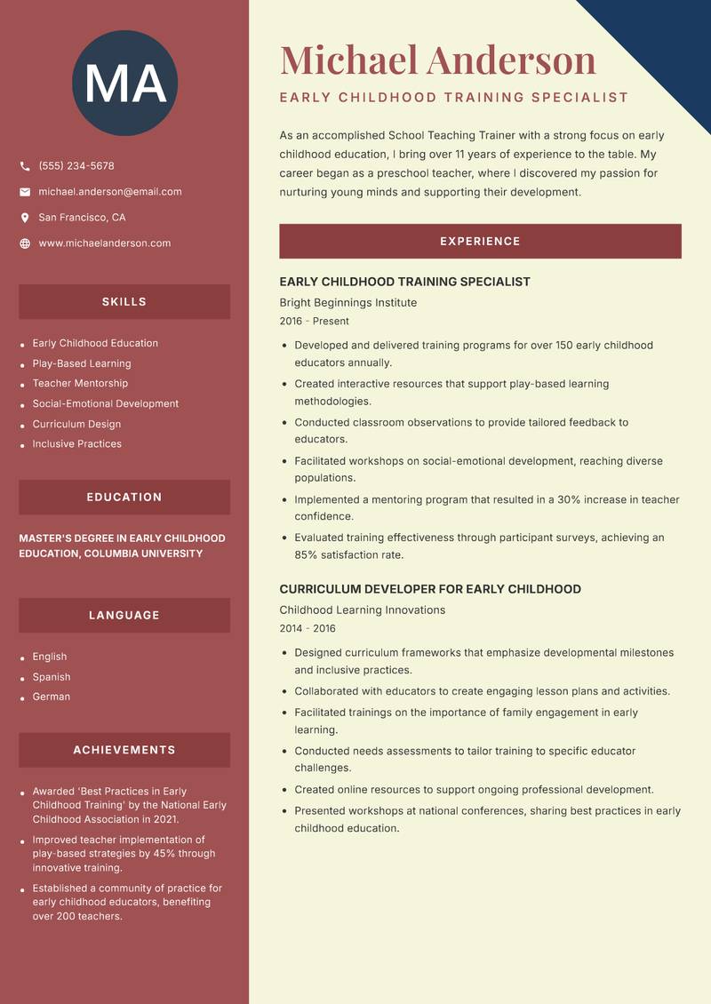 School Teaching Trainer resume template — Two Column