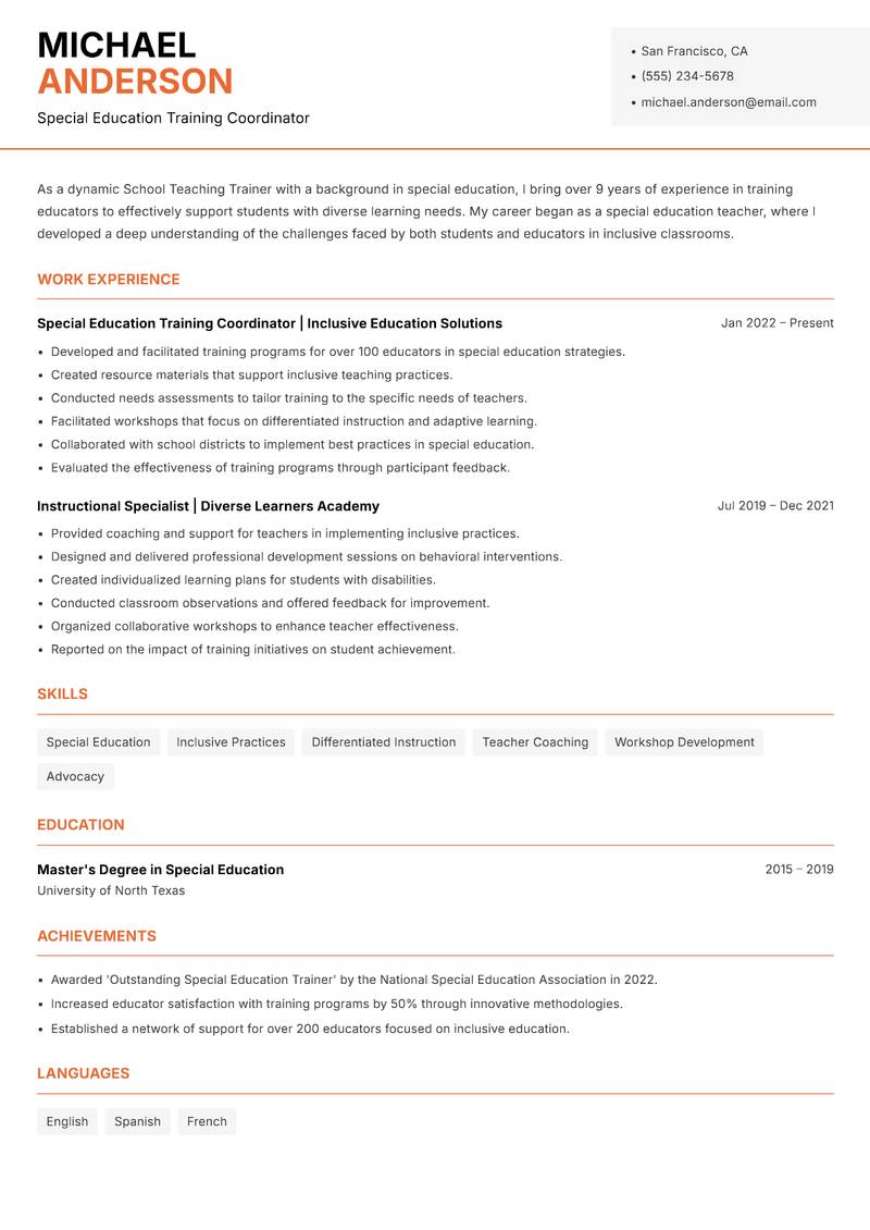 School Teaching Trainer resume template — Modern Professional