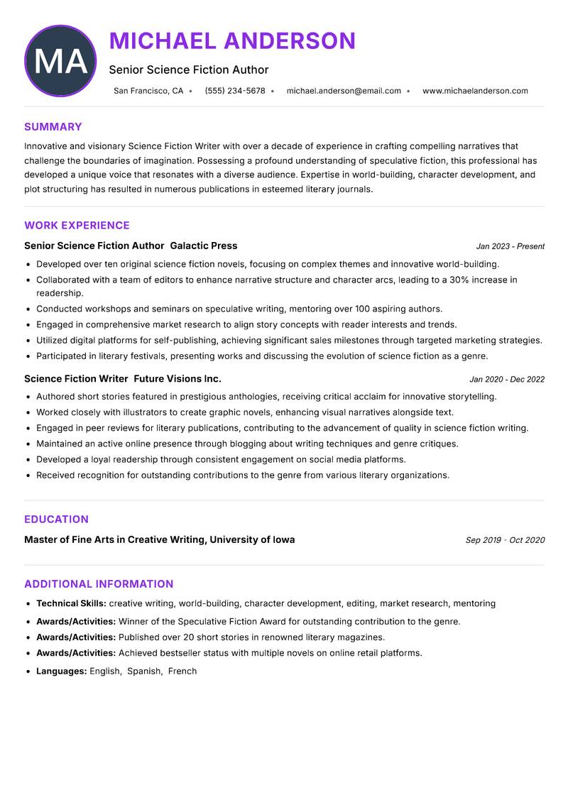 Science Fiction Writer resume example — ATS-friendly template
