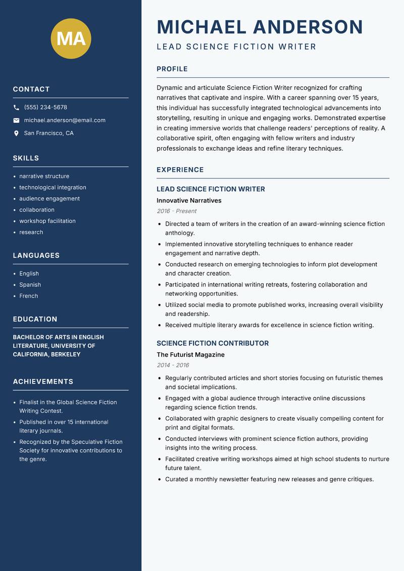 Science Fiction Writer resume template — Classic Clean