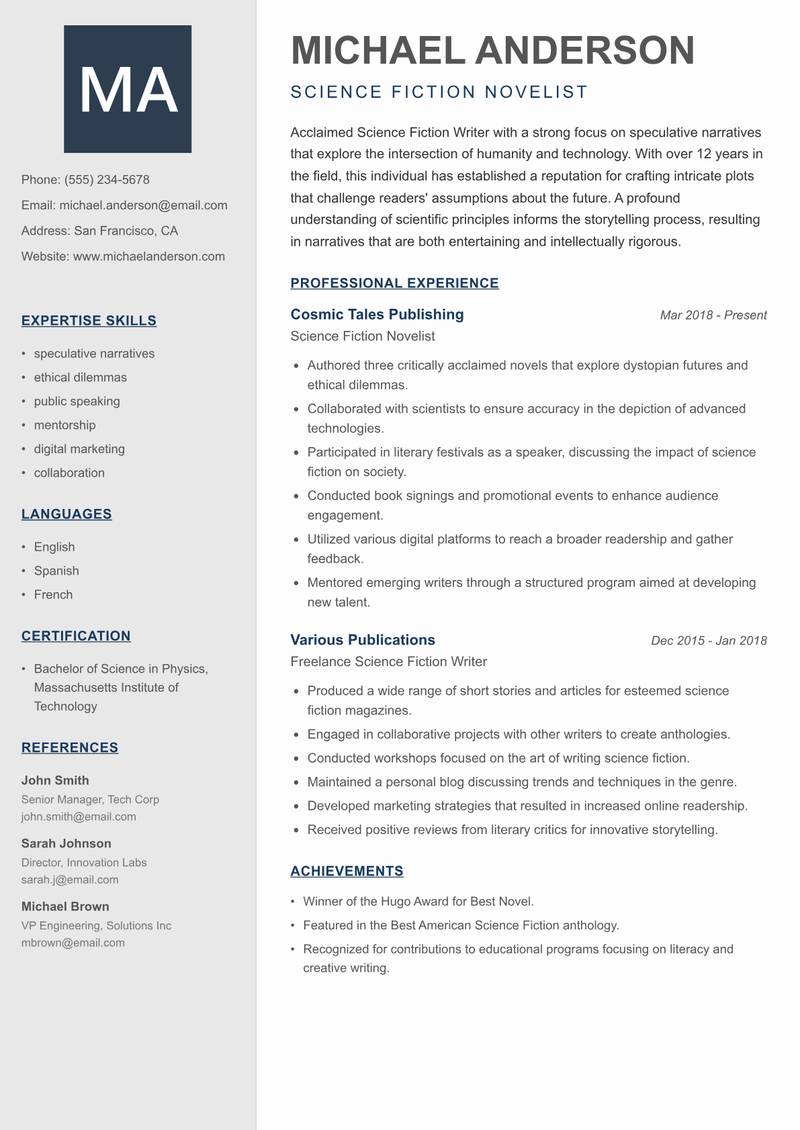 Science Fiction Writer resume template — Creative Minimal