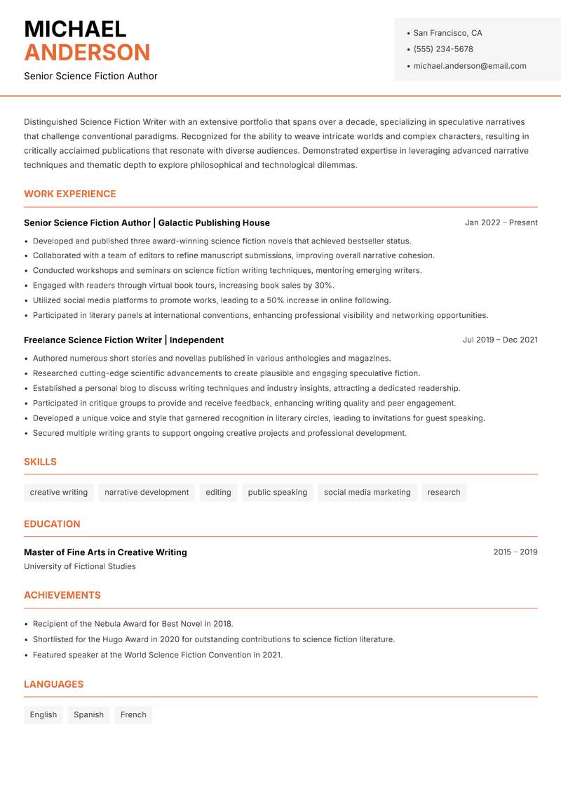 Science Fiction Writer resume template — Modern Professional