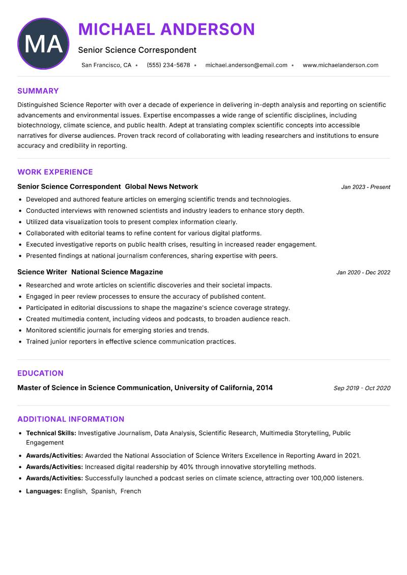 Science Reporter resume example — ATS-friendly template