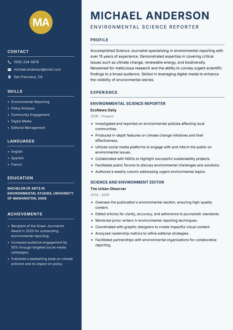 Science Reporter resume template — Classic Clean