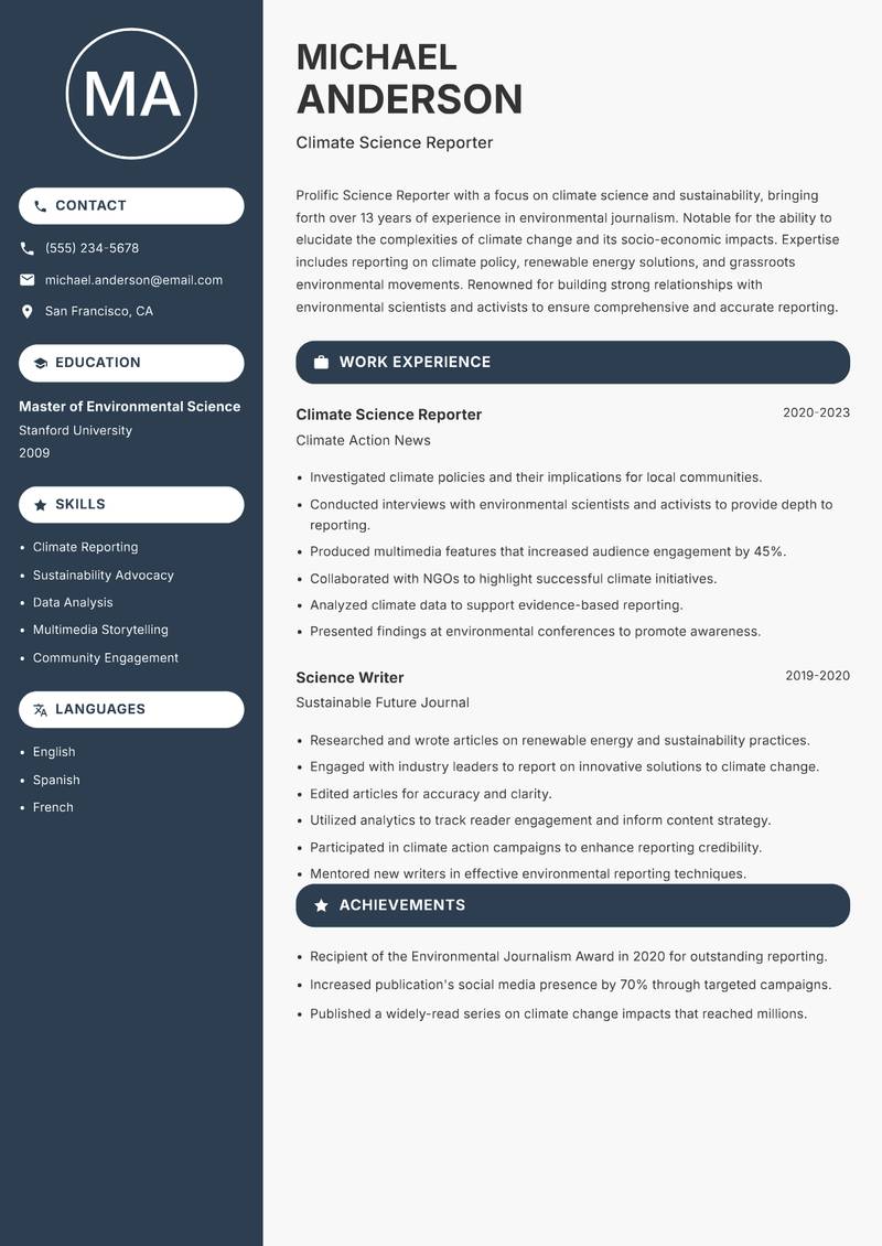 Science Reporter resume template — Compact