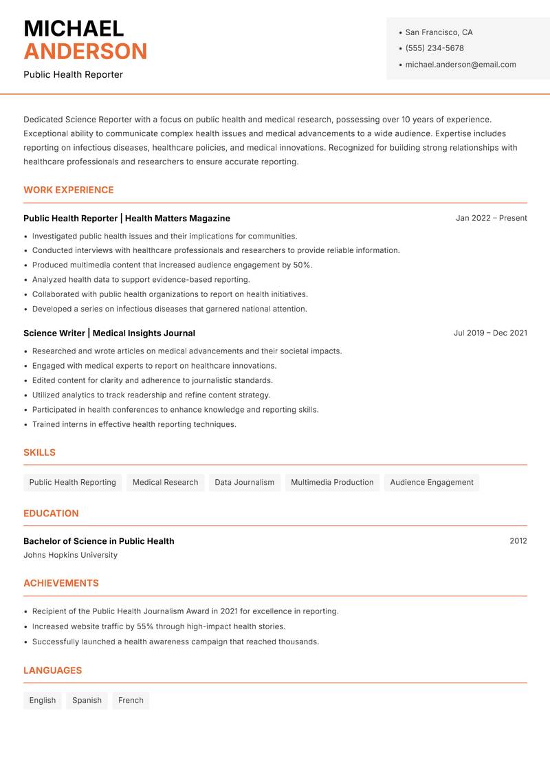 Science Reporter resume template — Modern Professional
