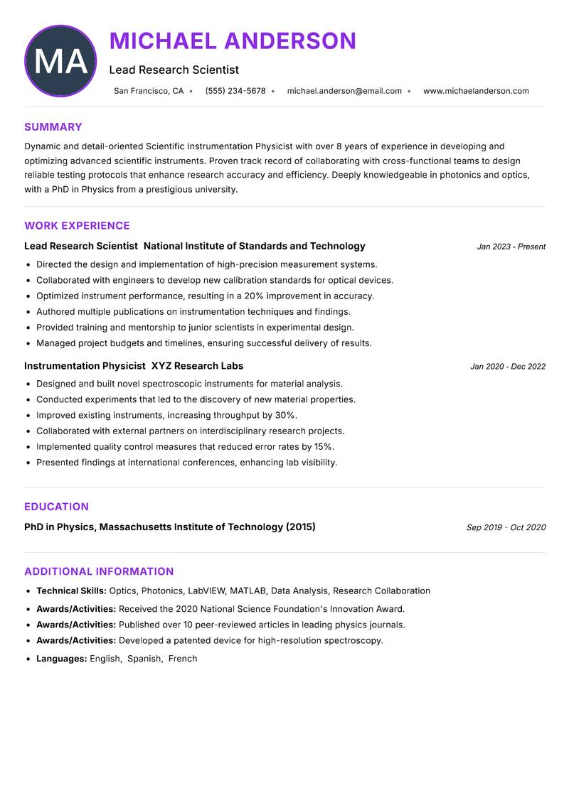 Scientific Instrumentation Physicist resume example — ATS-friendly template