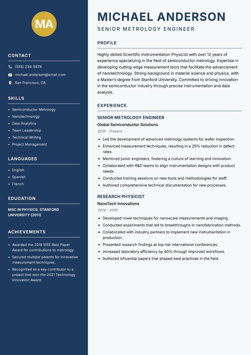 Scientific Instrumentation Physicist resume template — Classic Clean