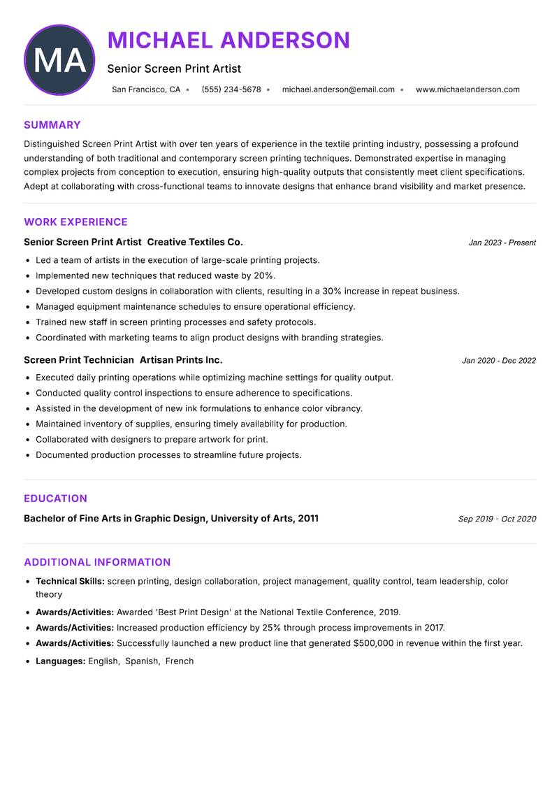 Screen Print Artist resume example — ATS-friendly template