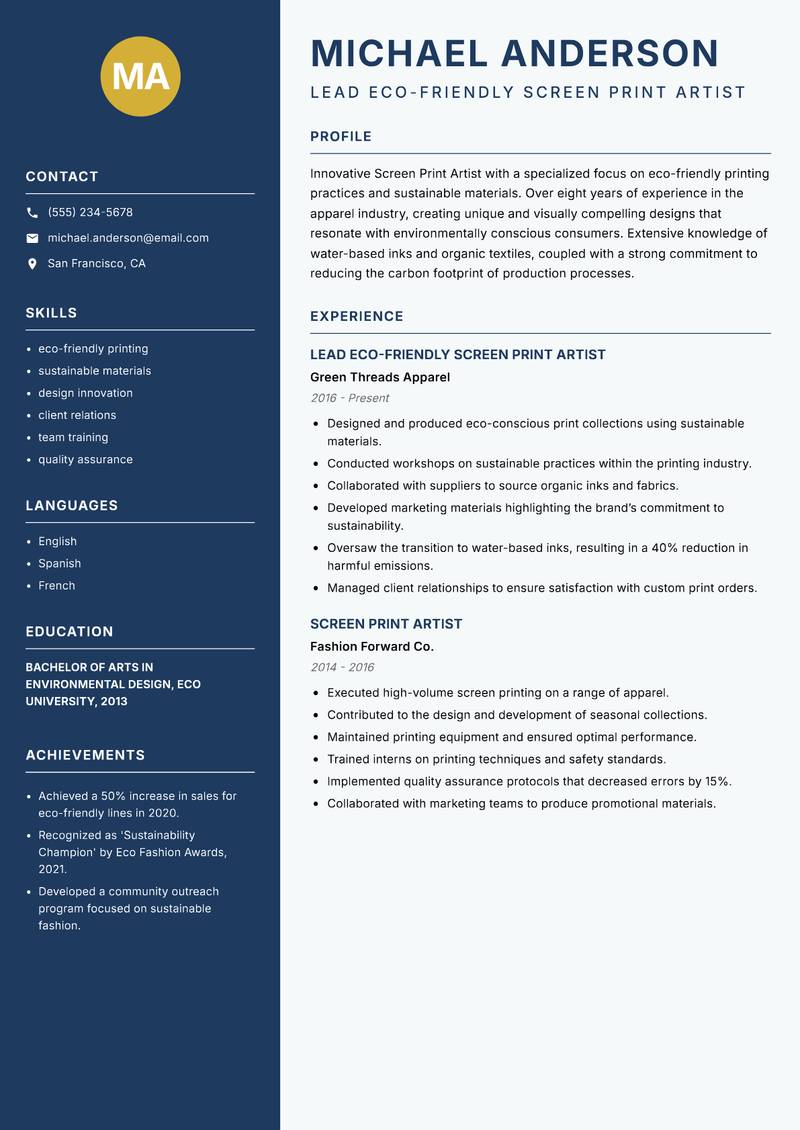 Screen Print Artist resume template — Classic Clean