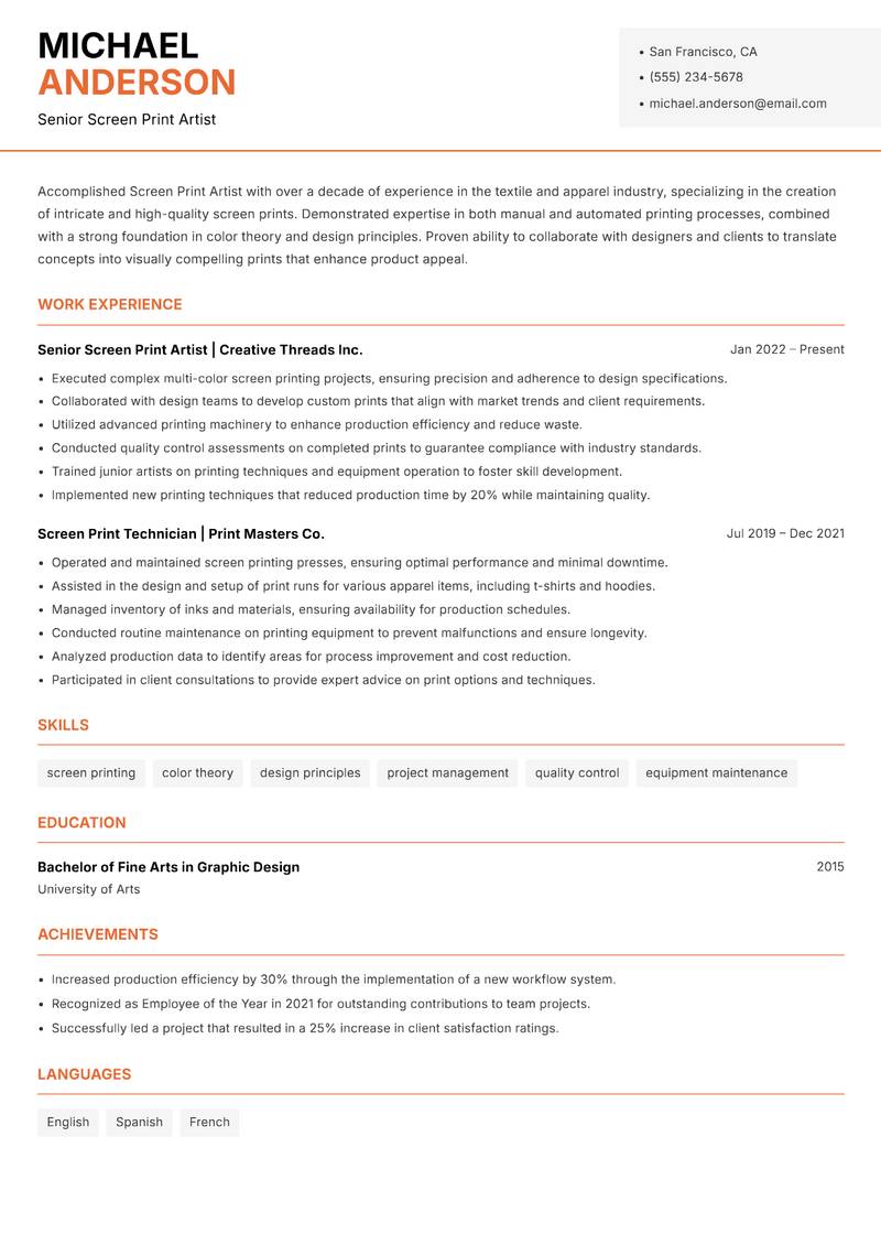 Screen Print Artist resume template — Modern Professional