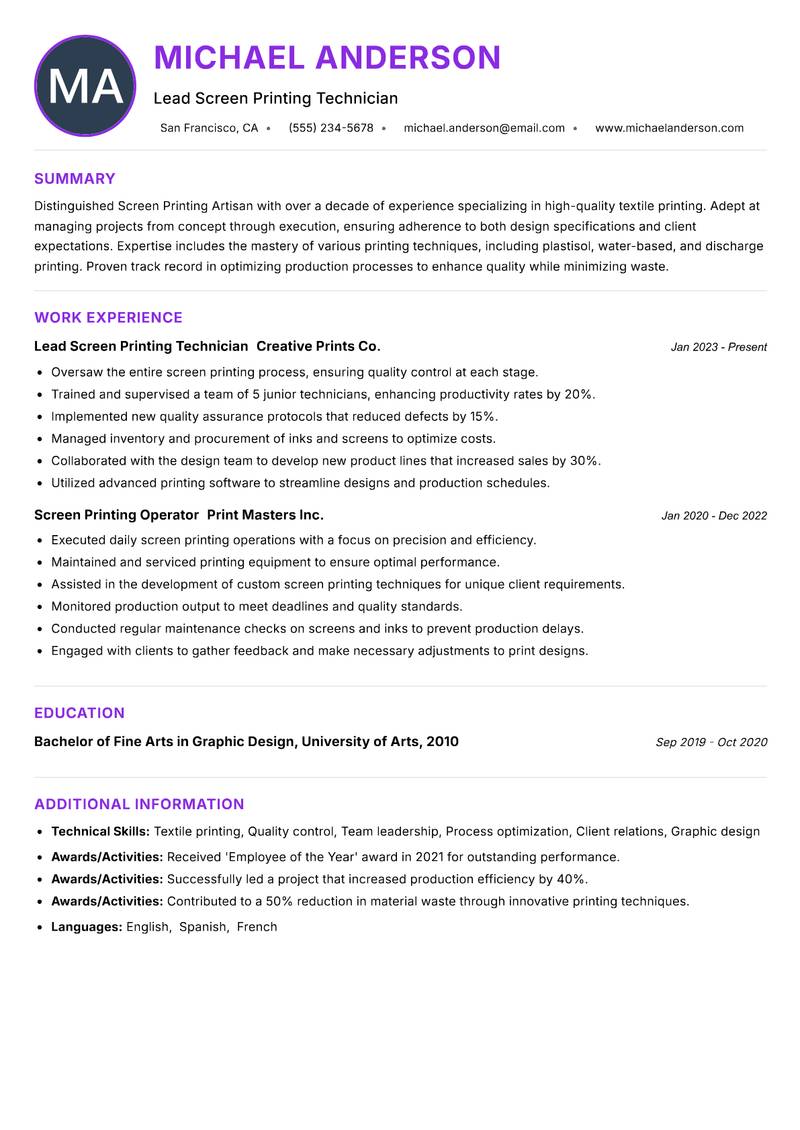 Screen Printing Artisan resume example — ATS-friendly template