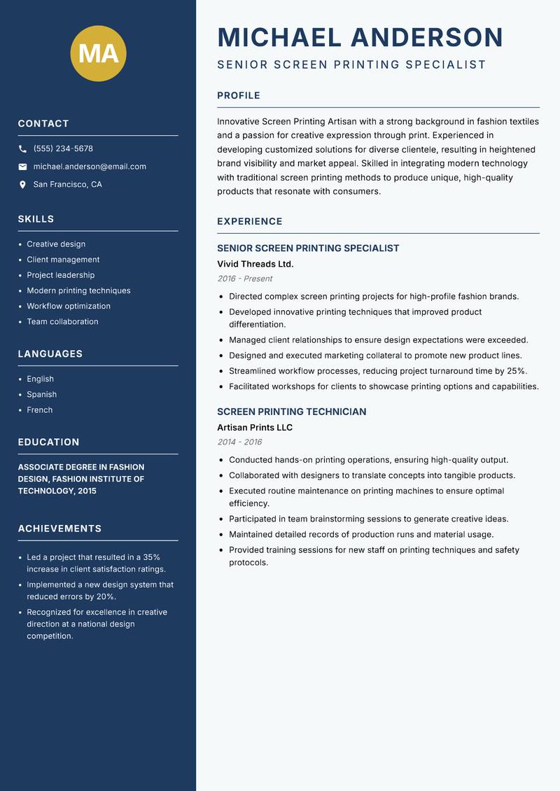 Screen Printing Artisan resume template — Classic Clean