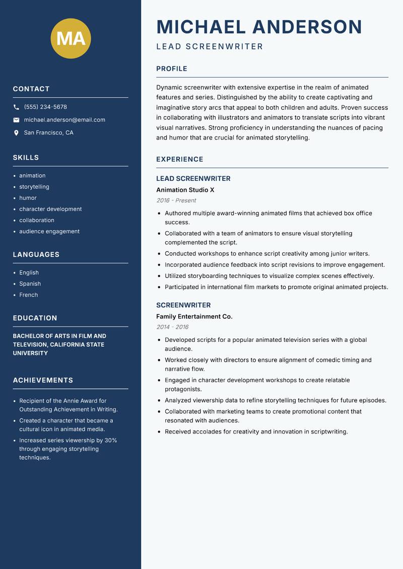 Screenwriter resume template — Classic Clean