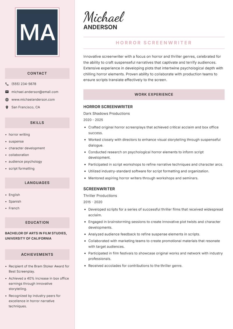 Screenwriter resume template — Executive