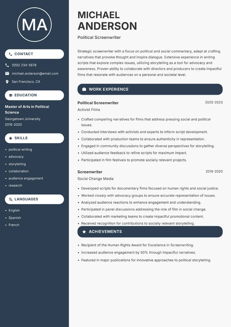 Screenwriter resume template — Compact