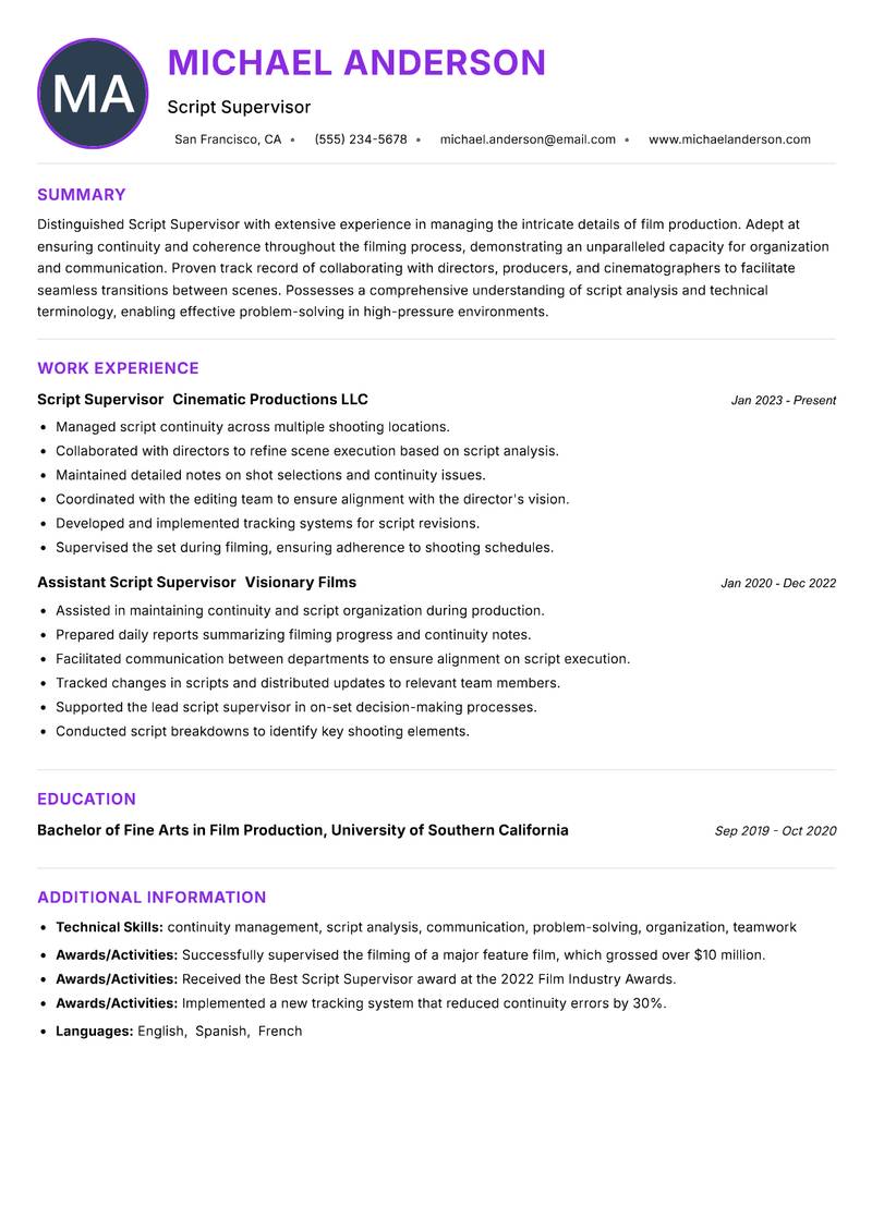Script Supervisor resume example — ATS-friendly template