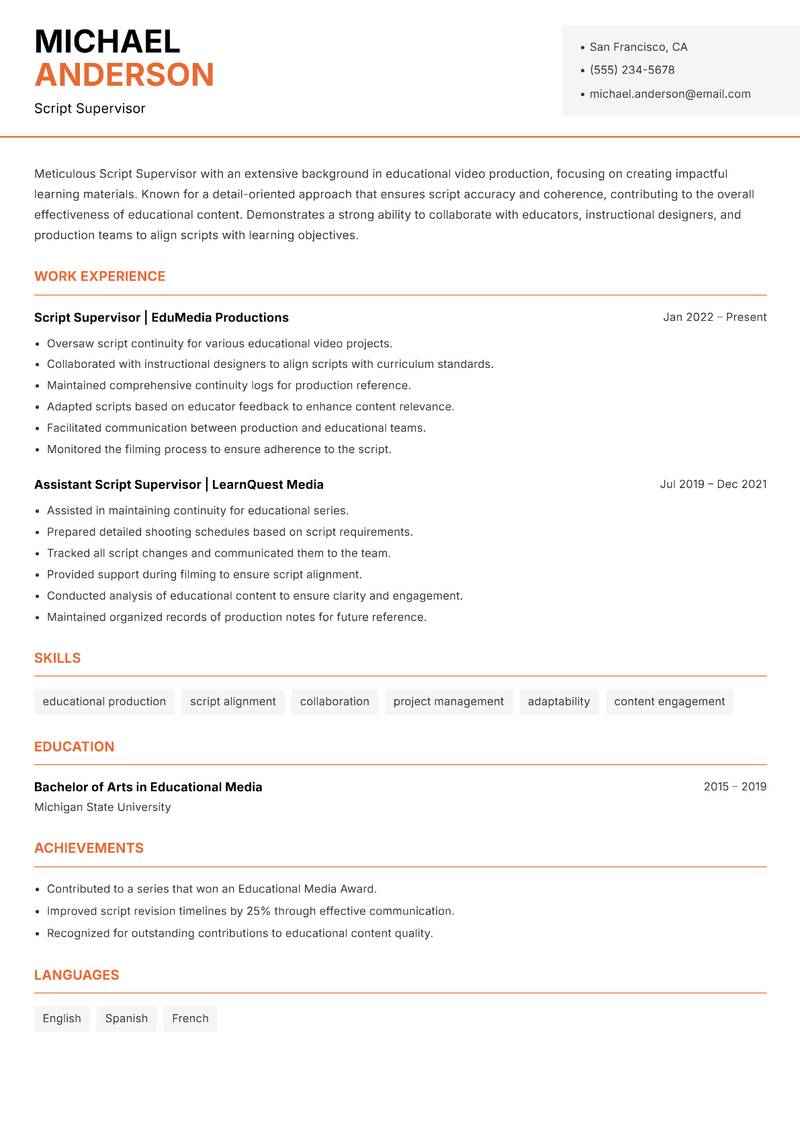 Script Supervisor resume template — Modern Professional