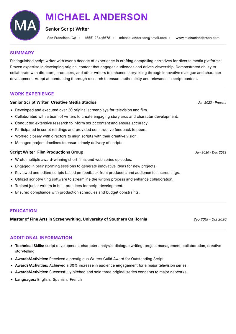 Script Writer resume example — ATS-friendly template
