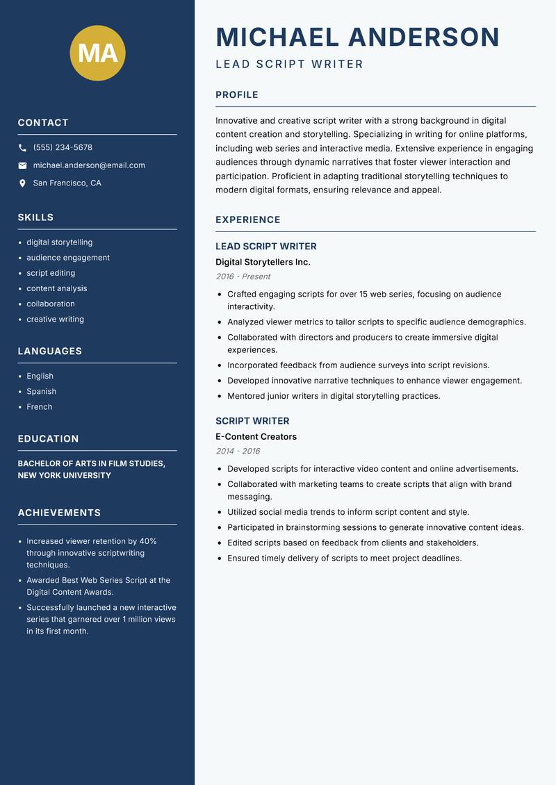 Script Writer resume template — Classic Clean
