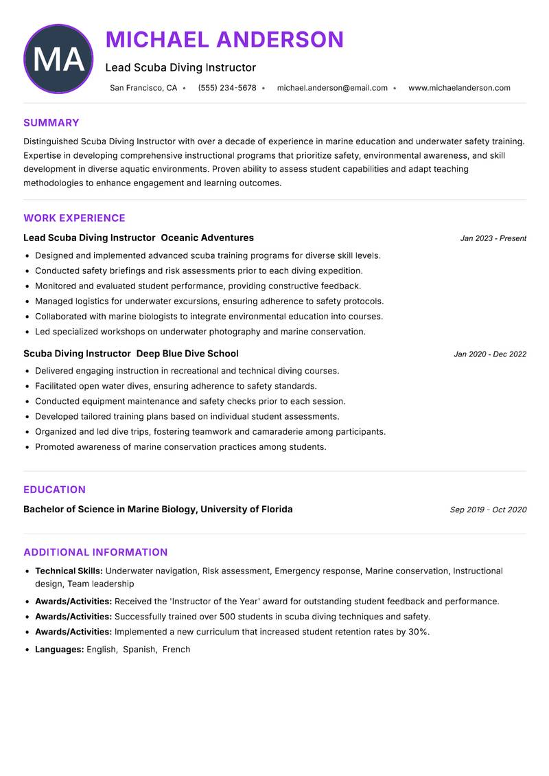 Scuba Diving Instructor resume example — ATS-friendly template