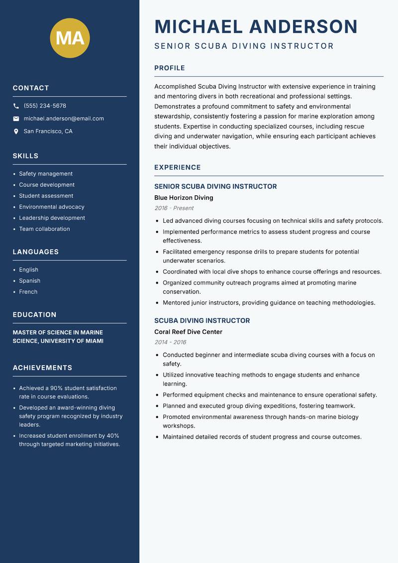 Scuba Diving Instructor resume template — Classic Clean