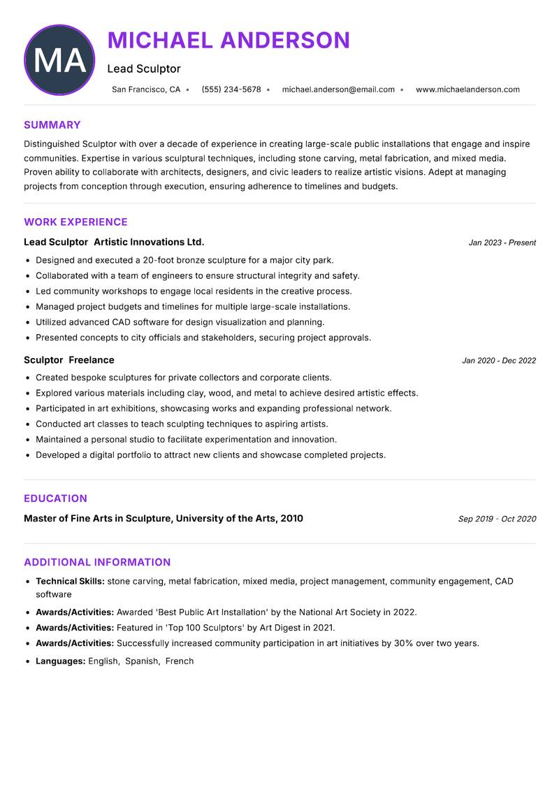 Sculptor resume example — ATS-friendly template
