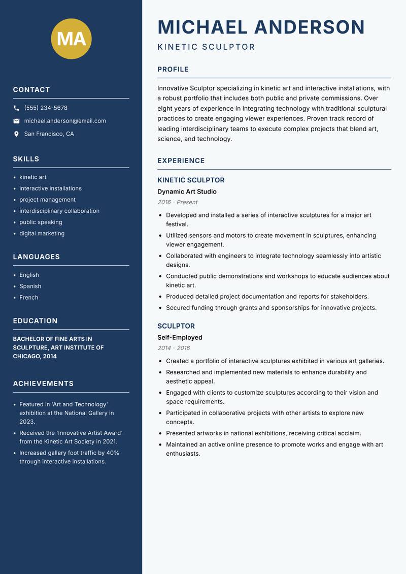 Sculptor resume template — Classic Clean